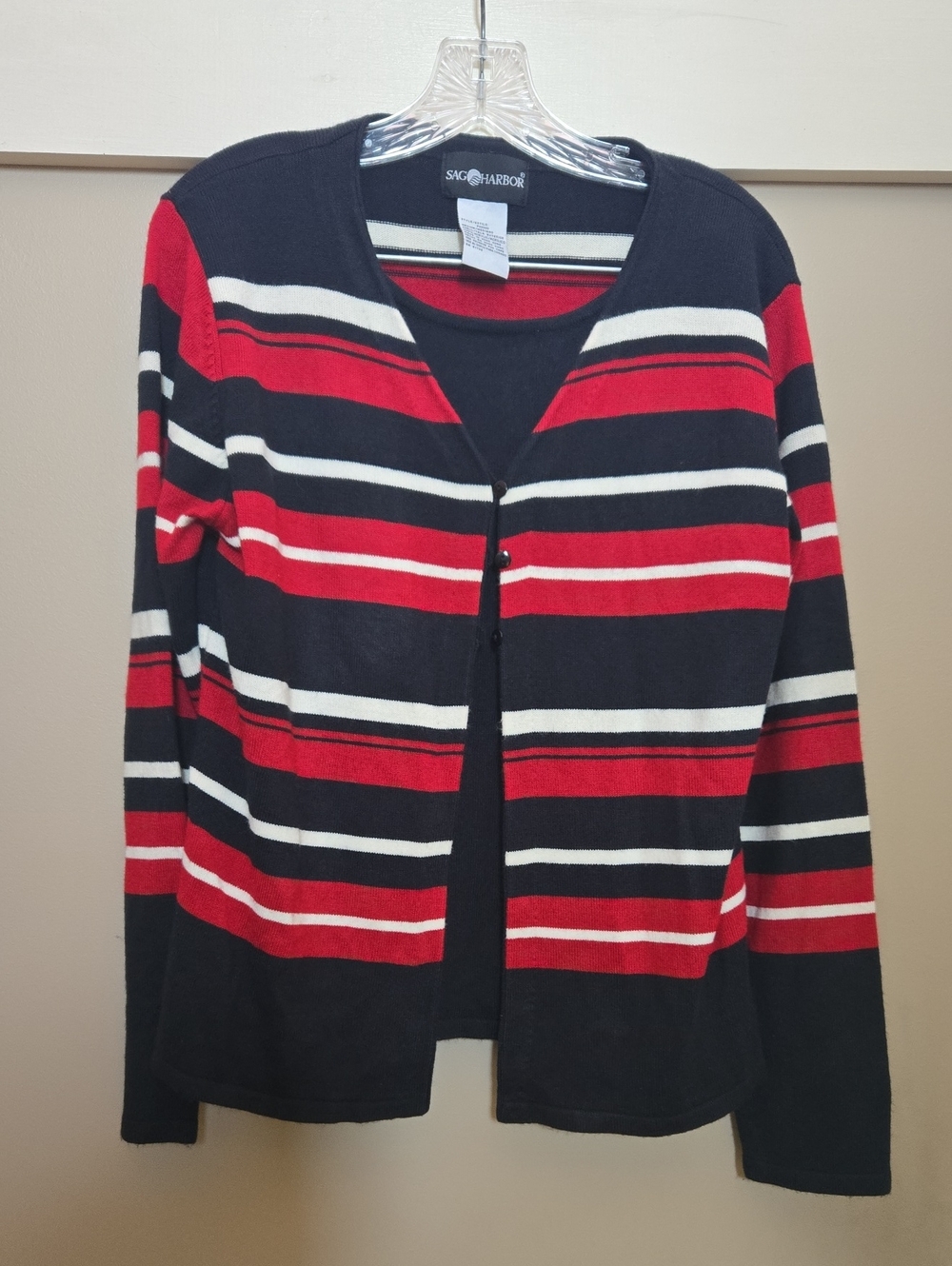 Sag Harbor Black, Red & Cream Striped Women's Cardigan